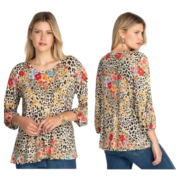Johnny Was Cheetah Puff Sleeve Floral Top ~ Size Small - Picture 2 of 10